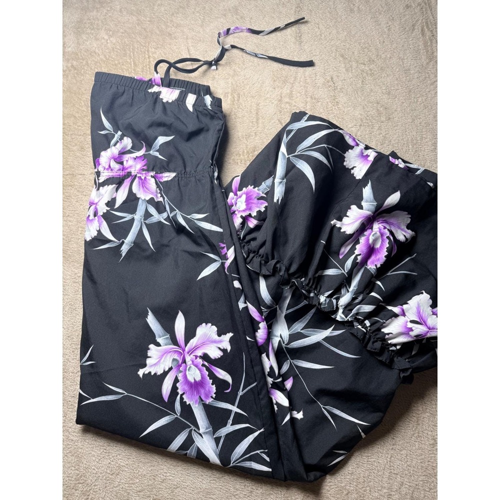 VTG Hilo Hattie Hawaiian Floral Maxi Dress Orchid Bamboo Ruffle Small Resort